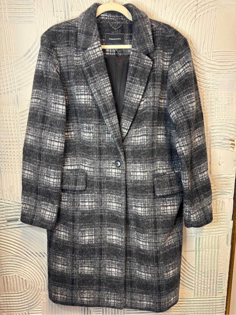 BCBGMaxAzria Black and Gray Plaid Wool-Blend Single-Button Coat